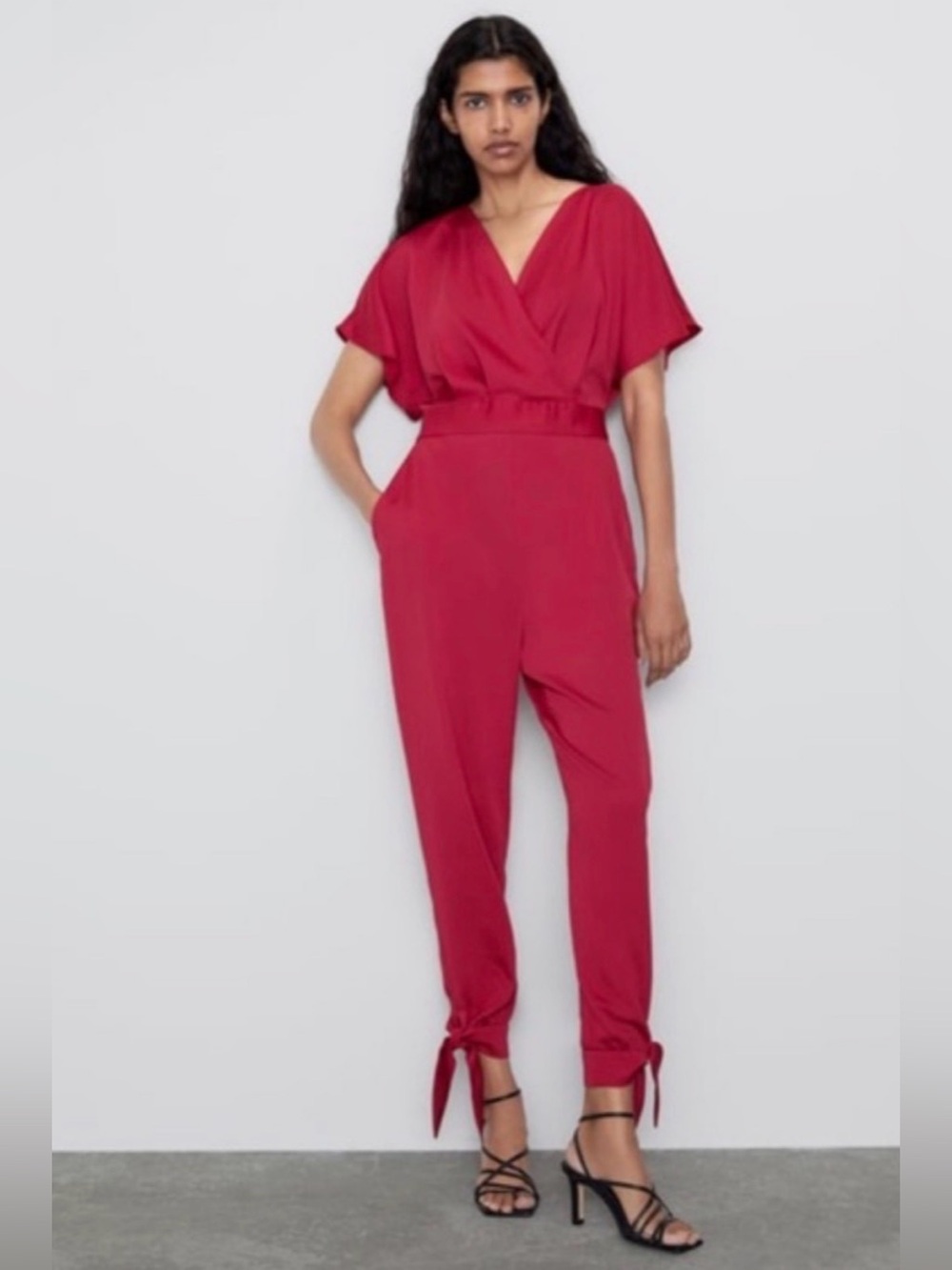 Zara Women’s Red-Magenta Tie-Hem Jumpsuit
